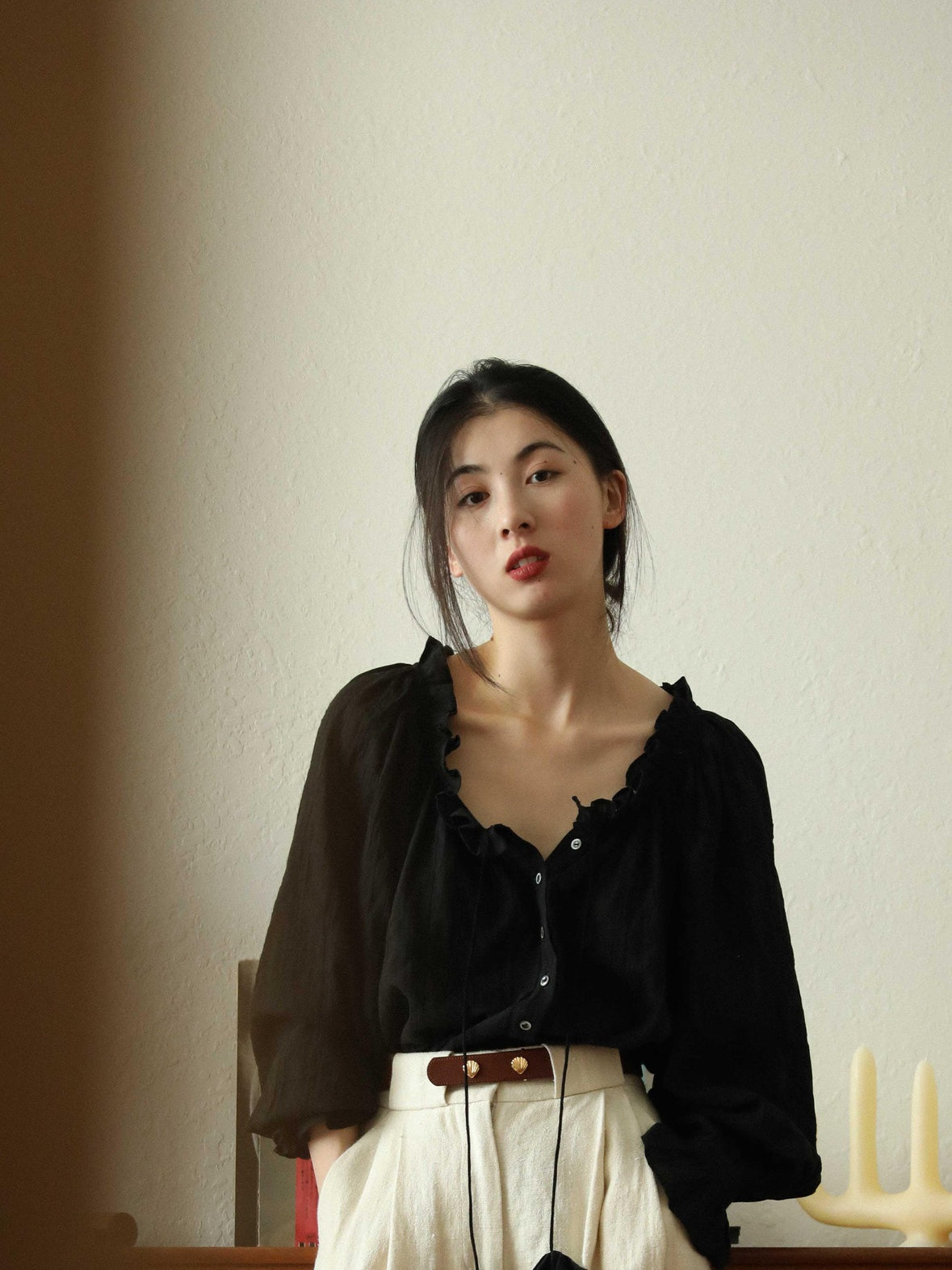 Miroment Breathable Romantic Loose V-neck Balloon Sleeves Women Cotton White Shirt