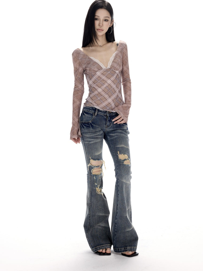 CrushOnit Breathable Mesh V-neck Slim Patchwork Purple Plaid Long Sleeve Blouses