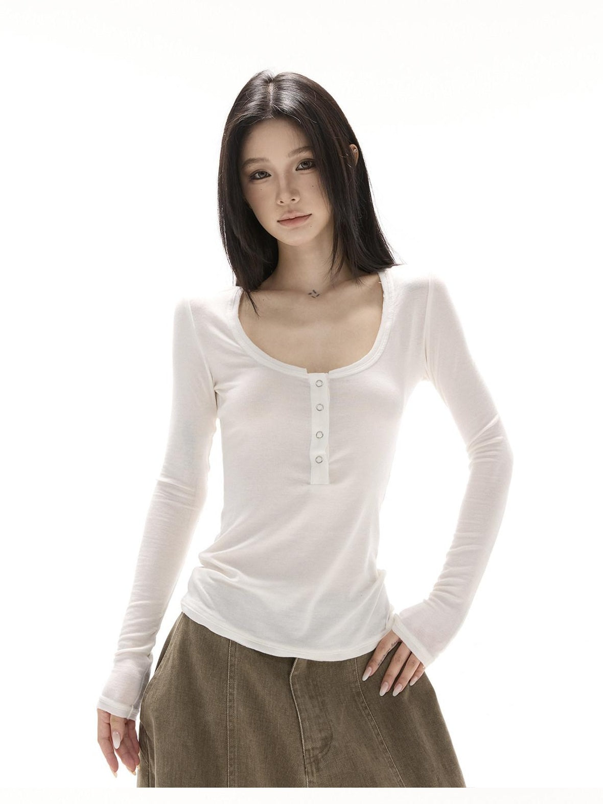 CrushOnit Breathable Tencel Slim Fit Crew Neck Button Women White Long Sleeve T-Shirts
