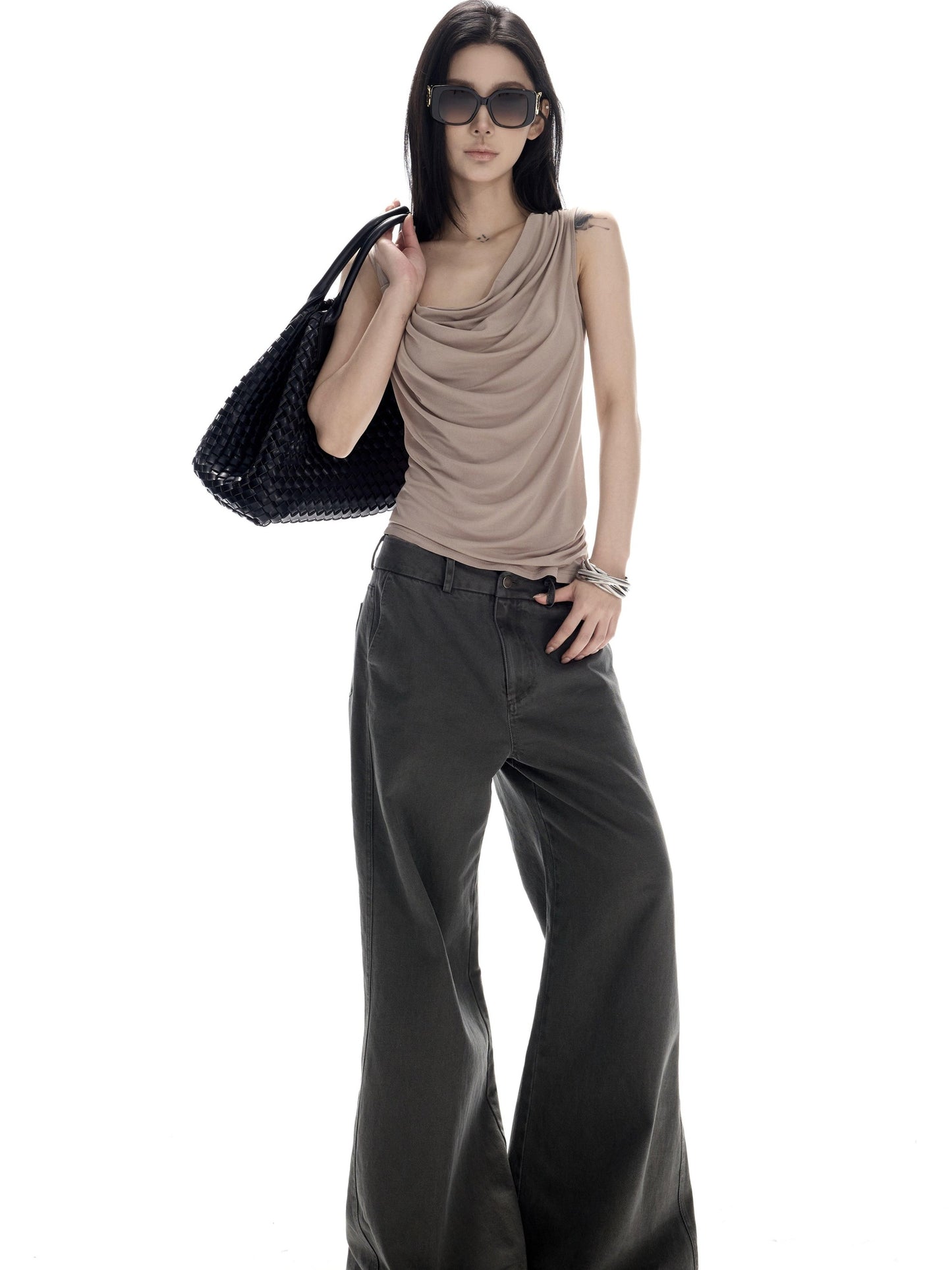 CrushOnit High Stretch Lace Splice Slim One Shoulder Cropped Women Acetate Camel Tank Tops