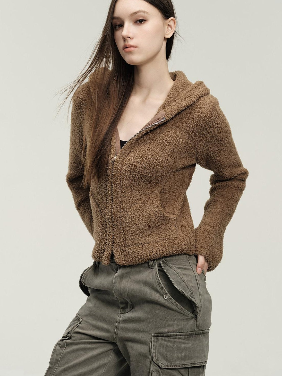 CrushOnit Hooded Cropped Regular Fit Young Women Commuter Brown Long Sleeve Short Coat