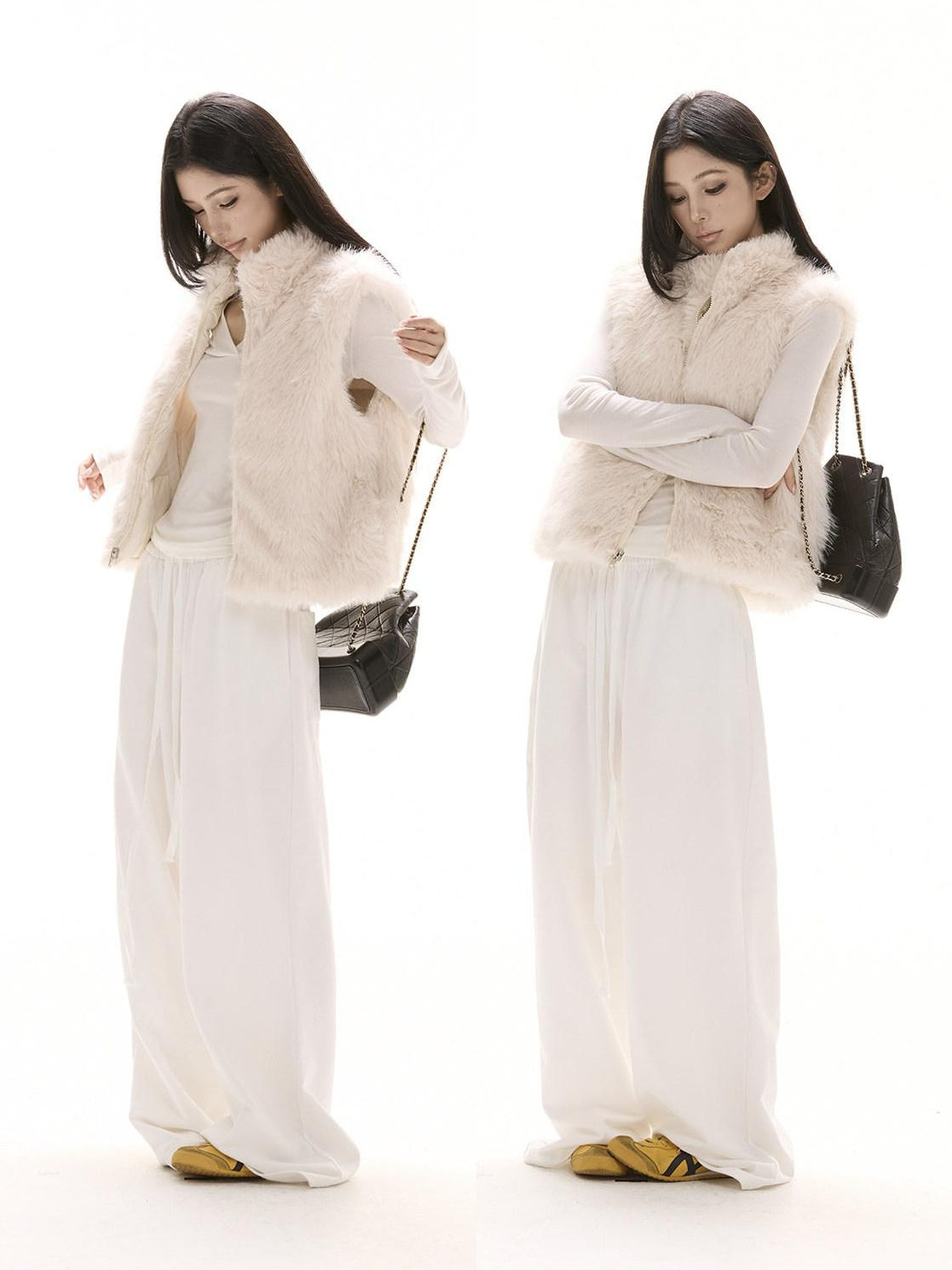 CrushOnit Reversible Faux Fur Polo Collar Zipper Retro Women White Tank Tops