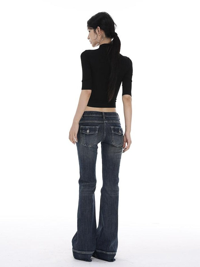 CrushOnit Slim Fit Midrise Stretch Washed Dark Denim Zip Fly Women Flared Jeans