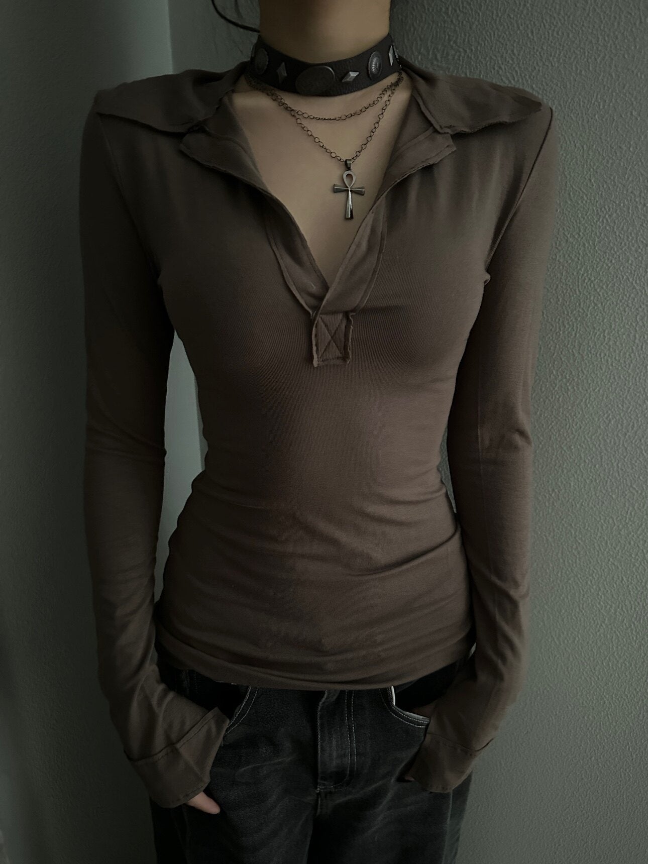 CrushOnit_Stretch_Cotton_Slim_Fit_Office_Henley_Neck_For_Women_Black_Long_Sleeve_T-Shirts_MISSTT