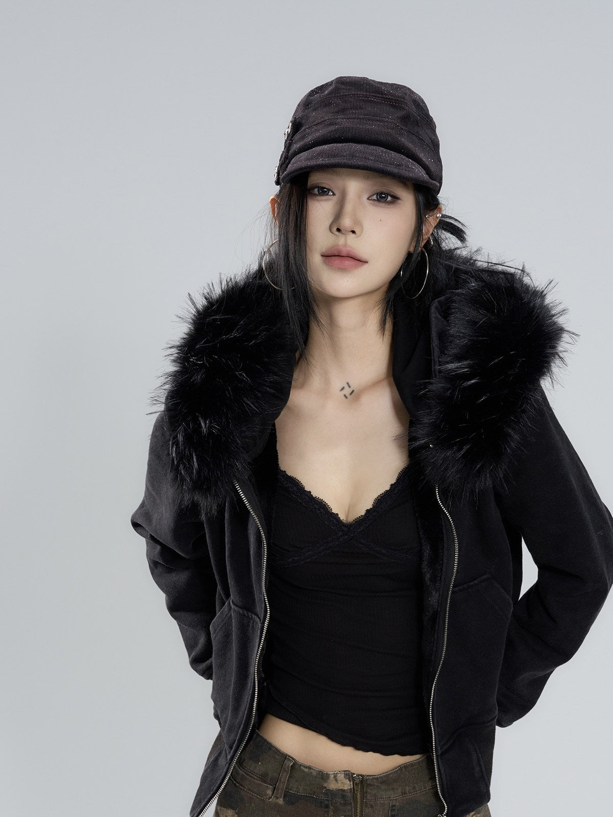 CrushOnit_Warm_Fur_Lined_Hooded_Commuter_Straight_Fit_Cotton_Zip_Short_Coat_MISSTT
