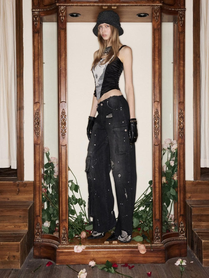 Washed Black Low Rise Cargo Pocket Button Fly Women Straight Leg Jeans