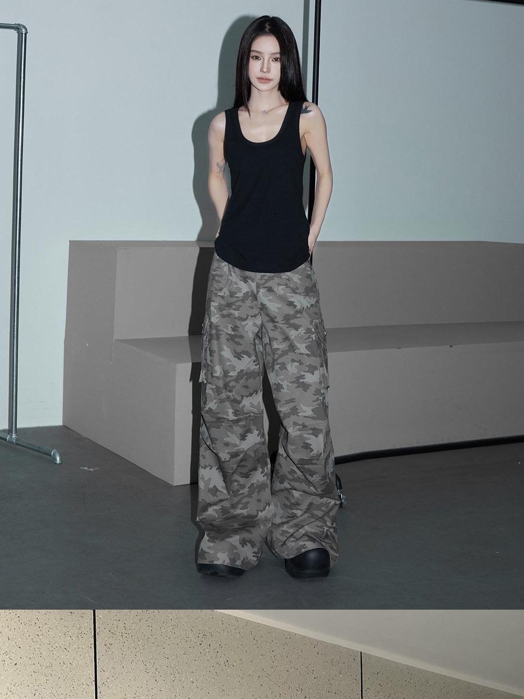 CrushOnit Versatile Camouflage Cargo Natural Waist Stretch Cotton Wide Leg Pants