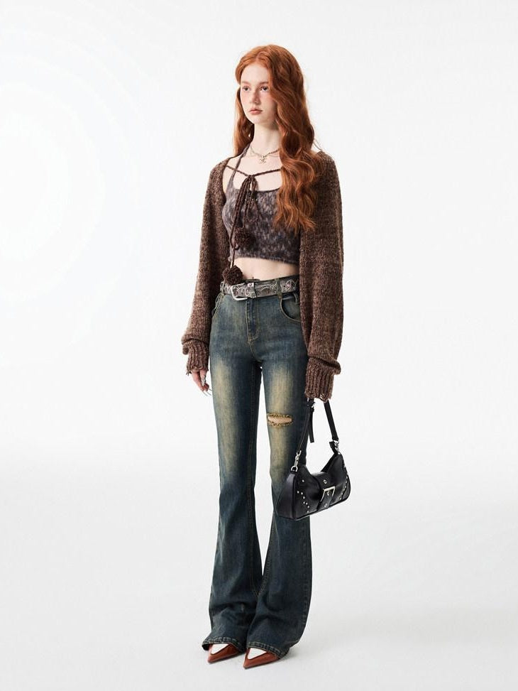 1JINN STUDIO Vintage Faded Thick Denim Slim Natural Waist Women Straight Leg Jeans