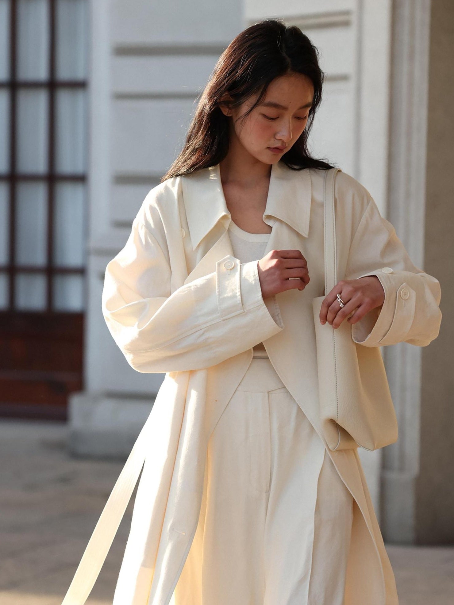 Miroment Elegant Wool Blend Double Breasted Tailored Midi Women Cream Long Trench Coat