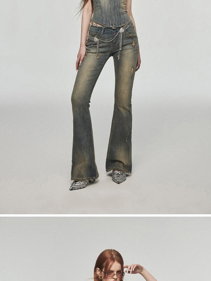 1JINN STUDIO Vintage Distressed Low Rise Slight Flare Blue Women Stretch Straight Leg Jeans