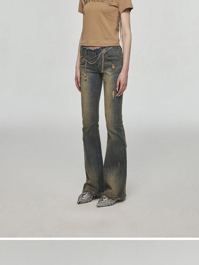 1JINN STUDIO Vintage Distressed Low Rise Slight Flare Blue Women Stretch Straight Leg Jeans