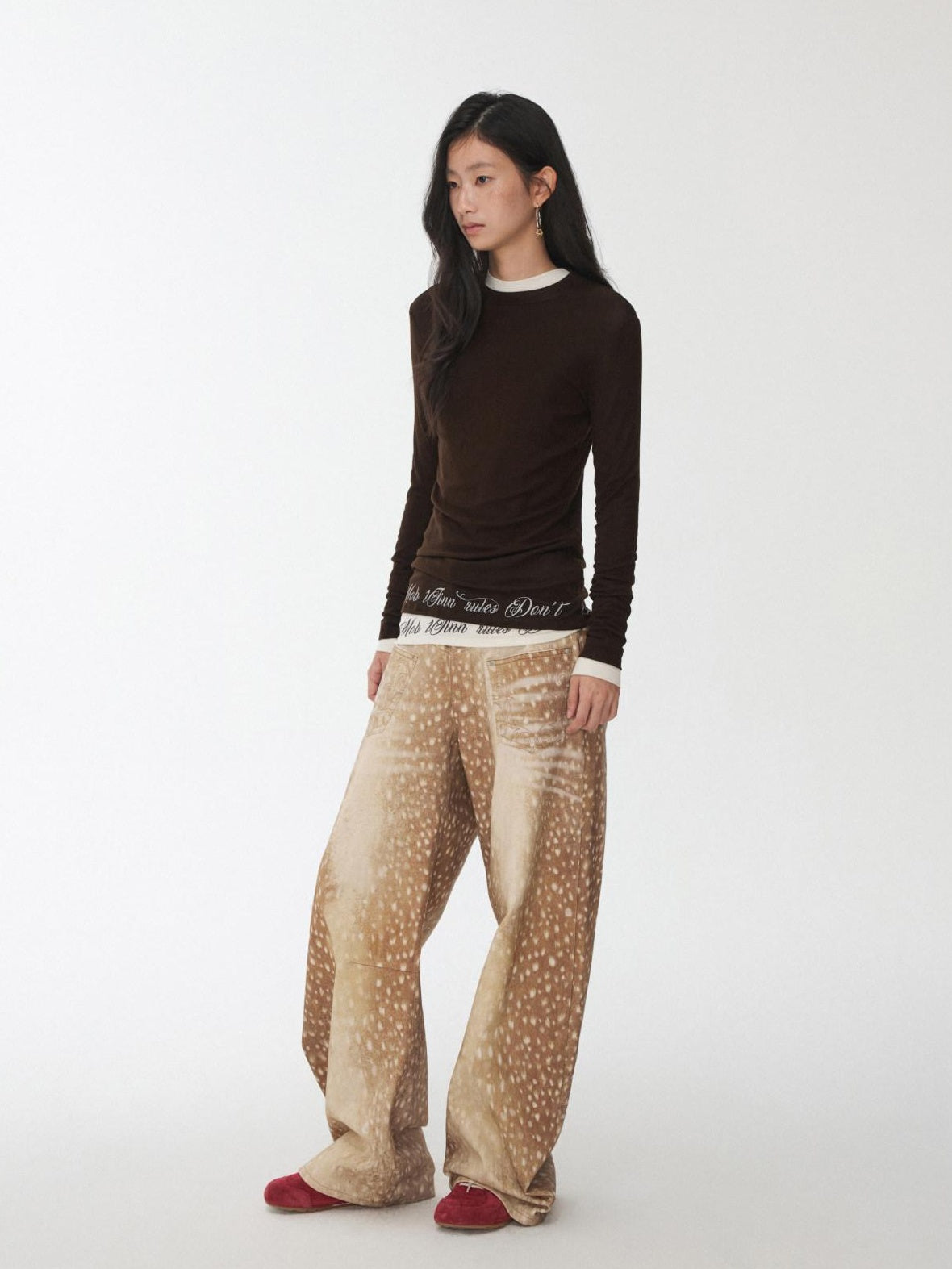 1JINN STUDIO Embroidered Low Waist Vintage Loose Fit For Women Deer Print Wide Leg Pants