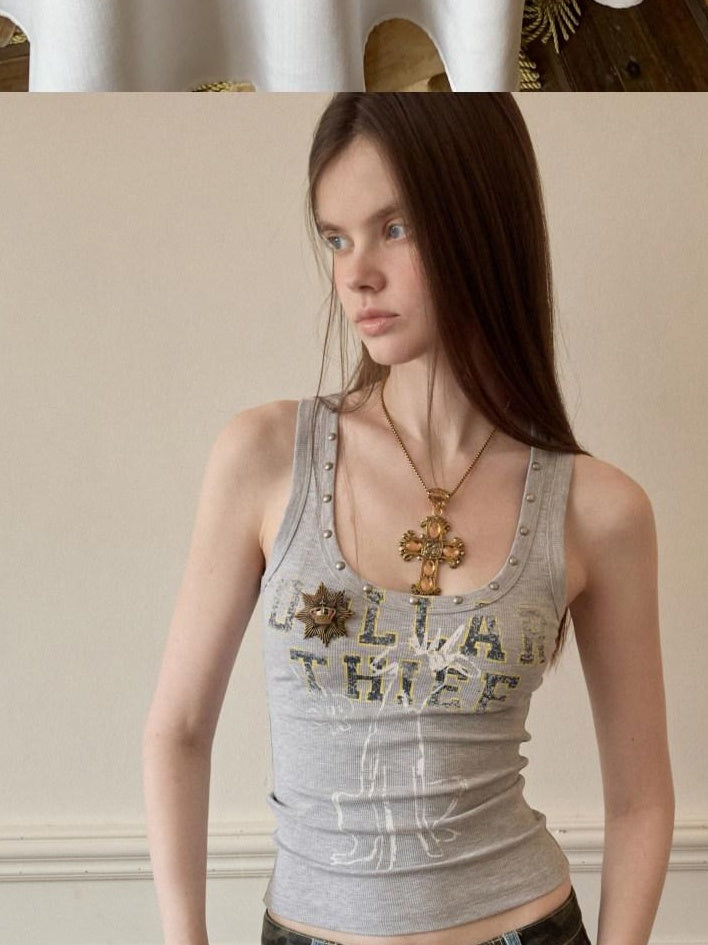 1JINN STUDIO 100 Percent Cotton Printed U Neck Cropped Slim Casual Women Racerback Knitwear