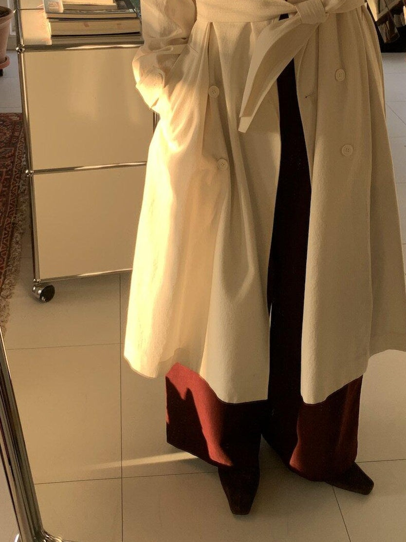 Miroment Elegant Wool Blend Double Breasted Tailored Midi Women Cream Long Trench Coat