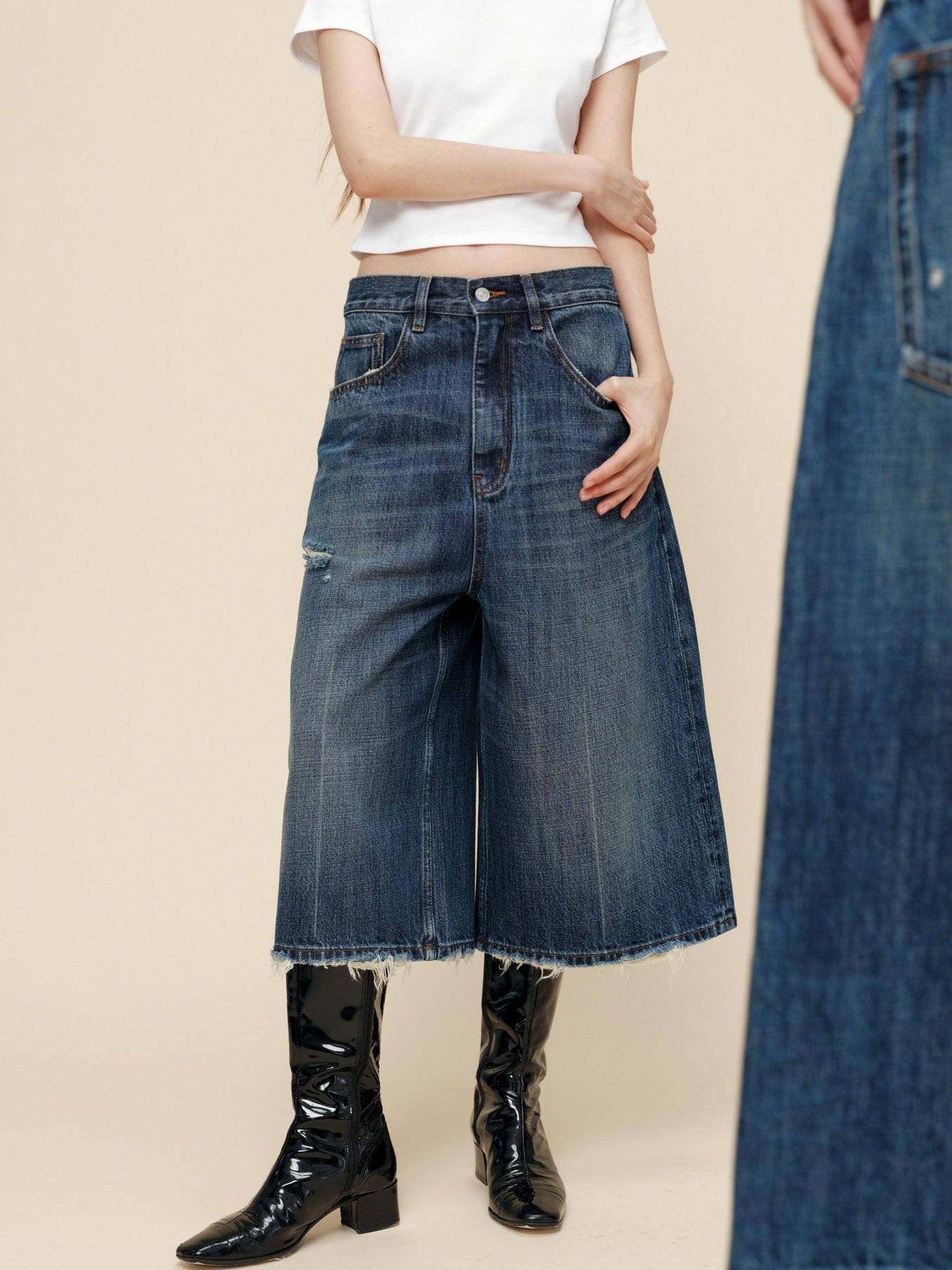 Miroment High Waist Button Fly Minimal Straight Ripped Women Cotton Cropped Jeans