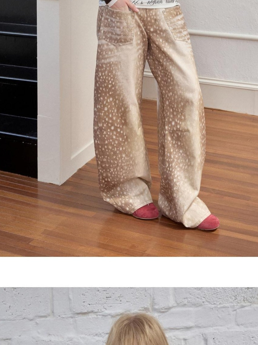 1JINN STUDIO Embroidered Low Waist Vintage Loose Fit For Women Deer Print Wide Leg Pants