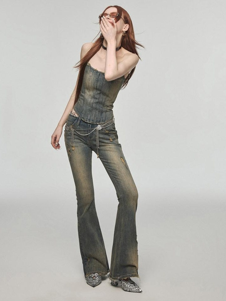 1JINN STUDIO Vintage Distressed Low Rise Slight Flare Blue Women Stretch Straight Leg Jeans