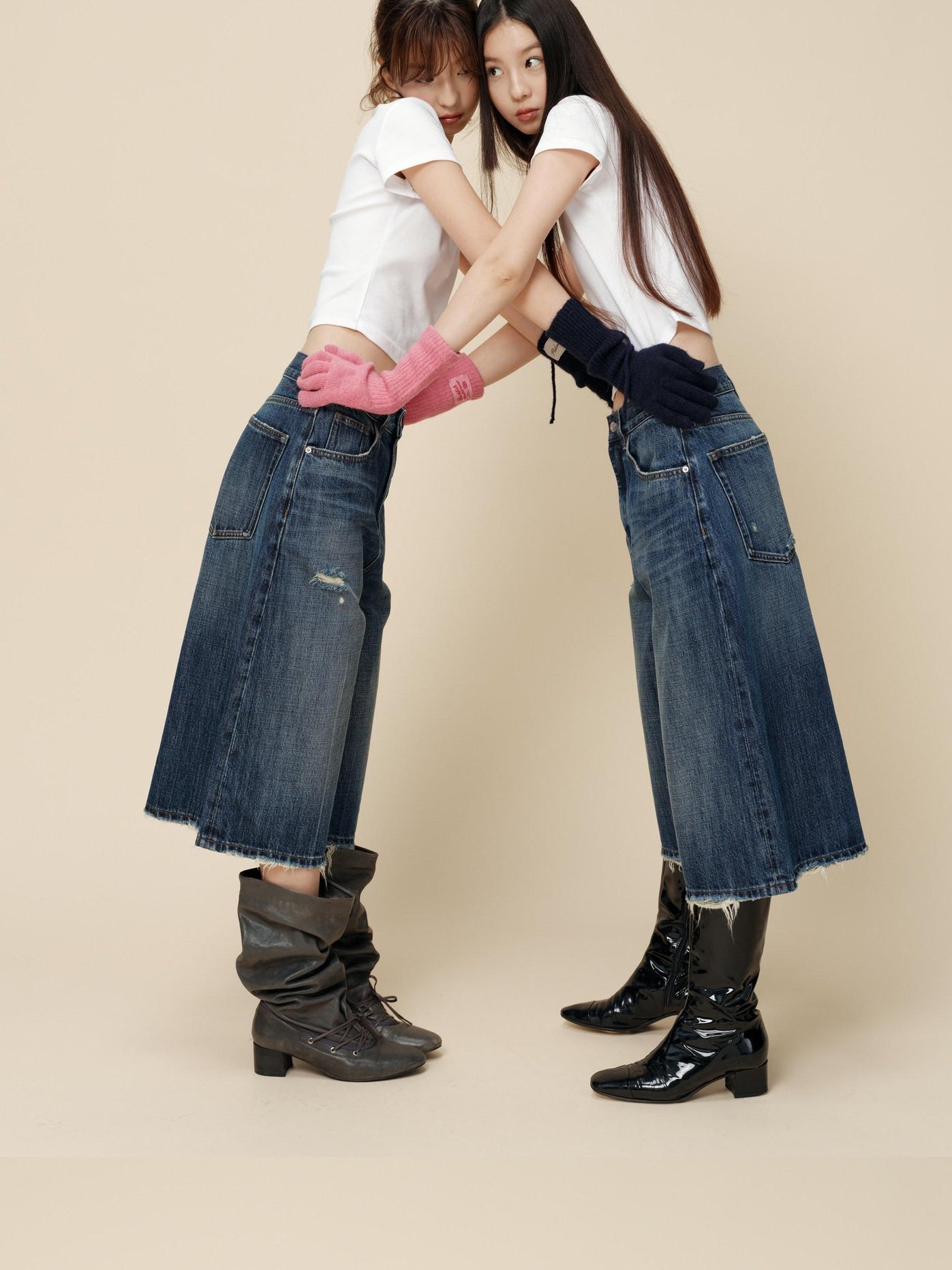 Miroment High Waist Button Fly Minimal Straight Ripped Women Cotton Cropped Jeans