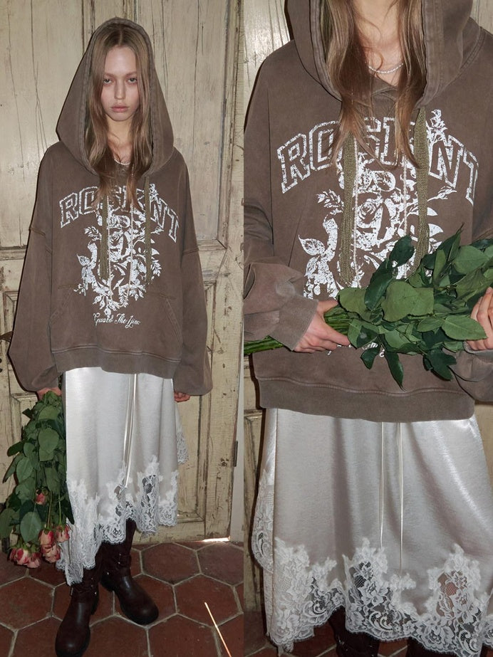1JINN STUDIO Washed Cotton Rose Print Relaxed Fit Pullover Ruched Sleeves Girls Casual Hoodie
