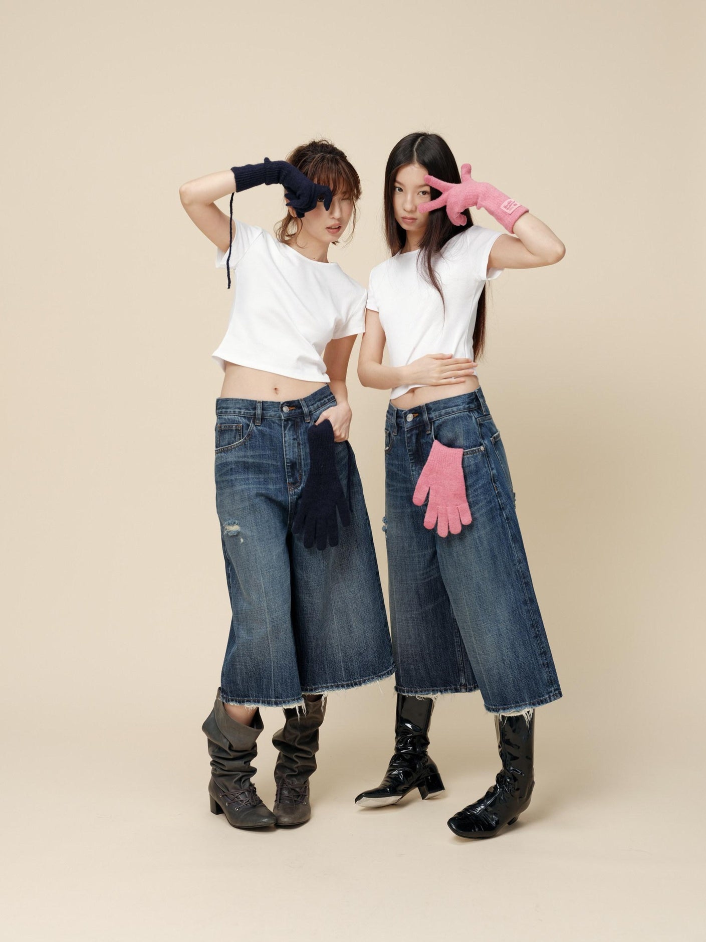 Miroment High Waist Button Fly Minimal Straight Ripped Women Cotton Cropped Jeans
