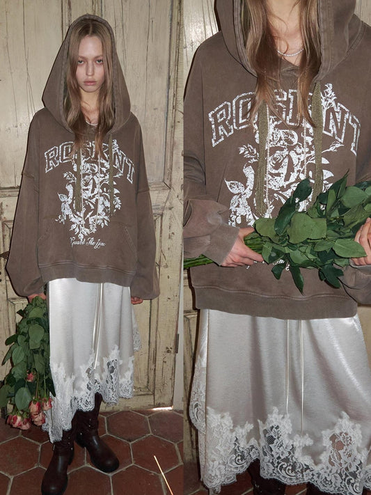 1JINN STUDIO Washed Cotton Rose Print Relaxed Fit Pullover Ruched Sleeves Girls Casual Hoodie