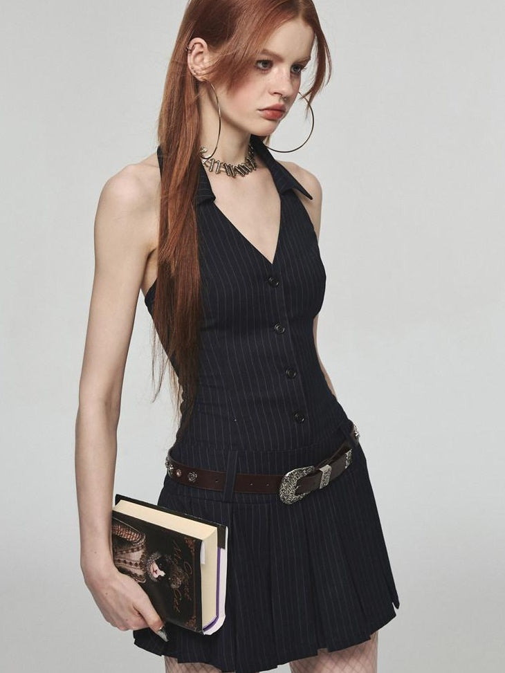 1JINN STUDIO Cinched Waist Halter V-neck A Line Office Slim Fit Navy Blue Mini Dresses