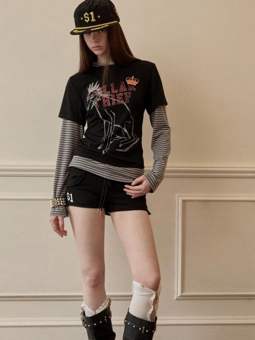 1JINN STUDIO Faux Layered Casual Letter Print Round Neck Women Black Long Sleeve T-Shirts