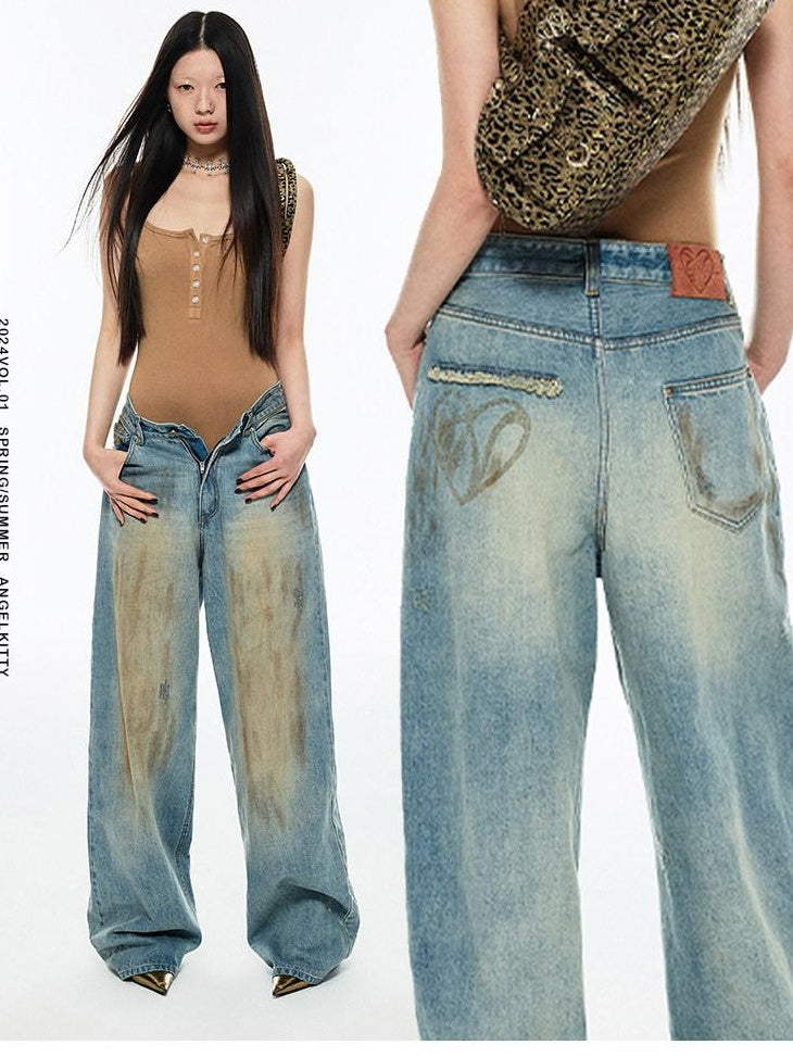 1JINN STUDIO Light Wash Relaxed Natural Waist Zip Fly No Stretch Casual Wide Leg Jeans