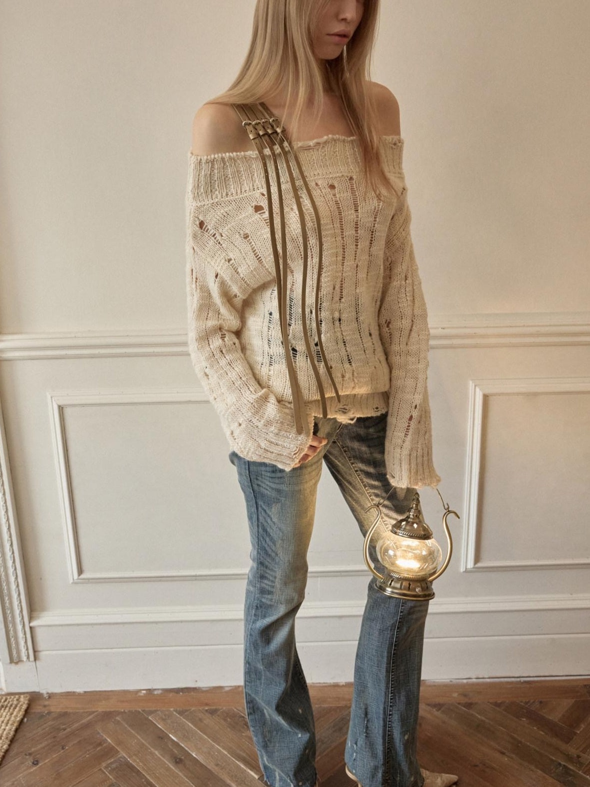 1JINN STUDIO Cozy Off Shoulder Loose Knit Womens Acrylic Wool Long Sleeve Sweaters