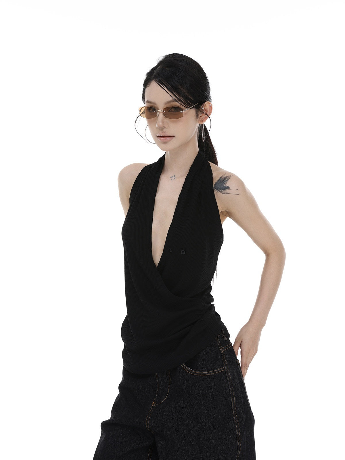 CrushOnit_Original_Design_Patchwork_Halter_Stretch_Cotton_Regular_Women_Black_Tank_Tops_MISSTT