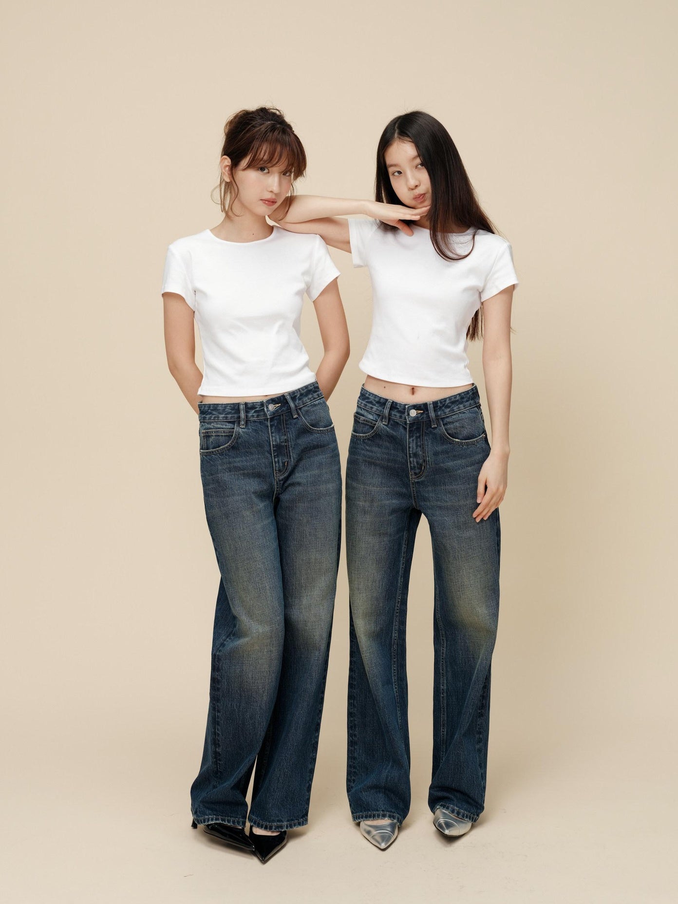 Miroment Vintage Distressed Straight Leg Mid Low Rise Button Fly Women Denim Jeans