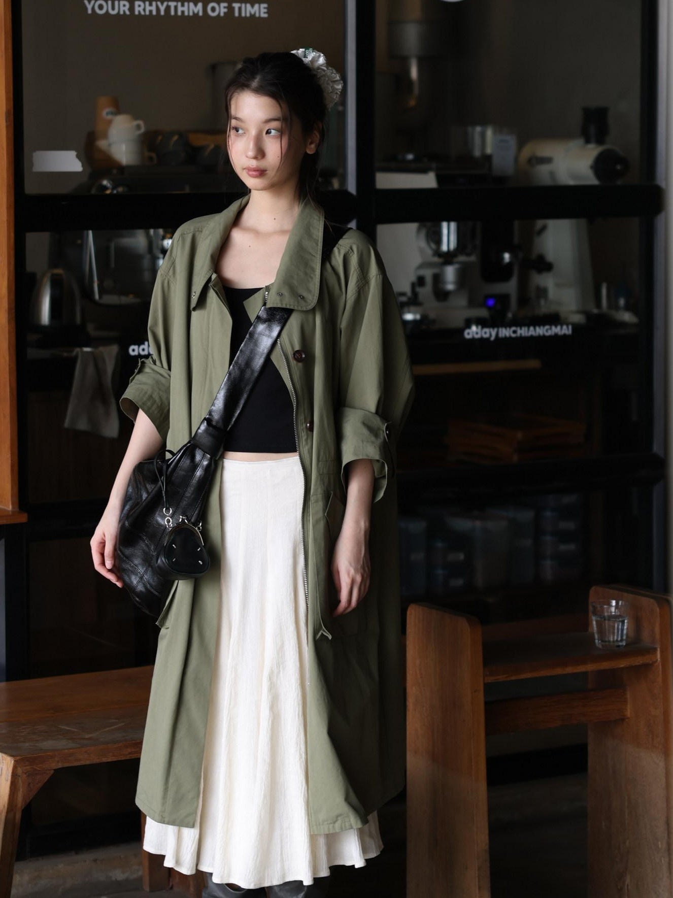 Miroment Lightweight Cotton Lyocell Loose Stand Collar Midlength Women Long Trench Coat