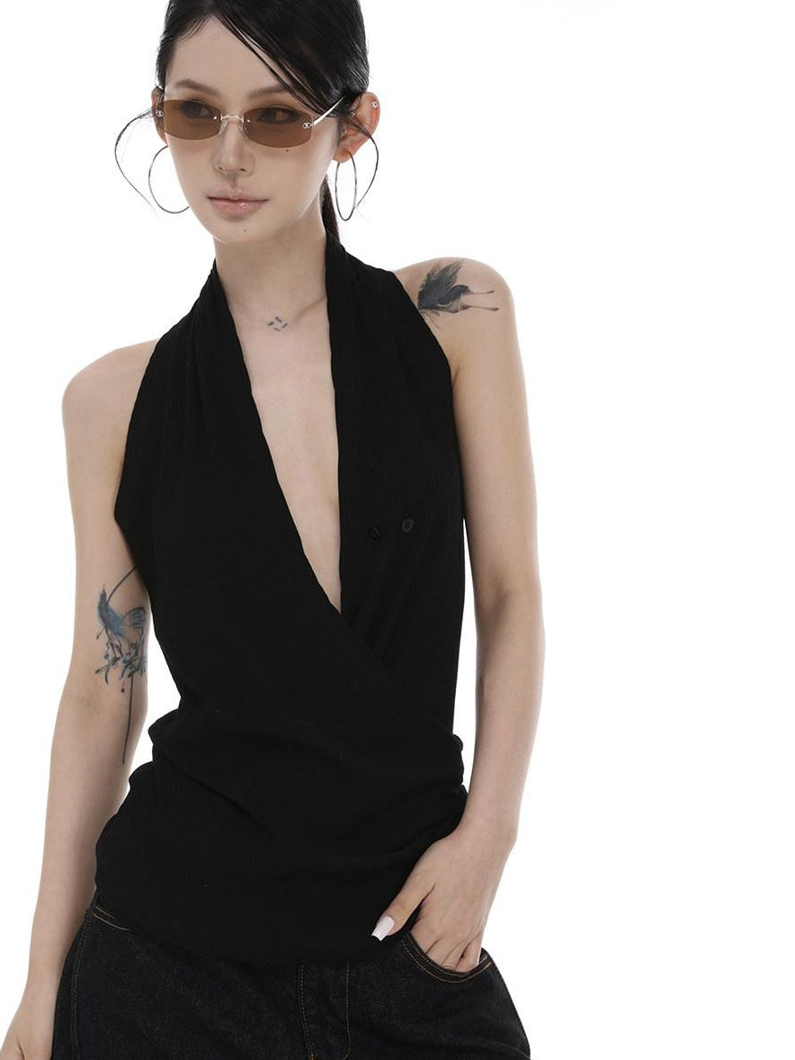CrushOnit Original Design Patchwork Halter Stretch Cotton Regular Women Black Tank Tops