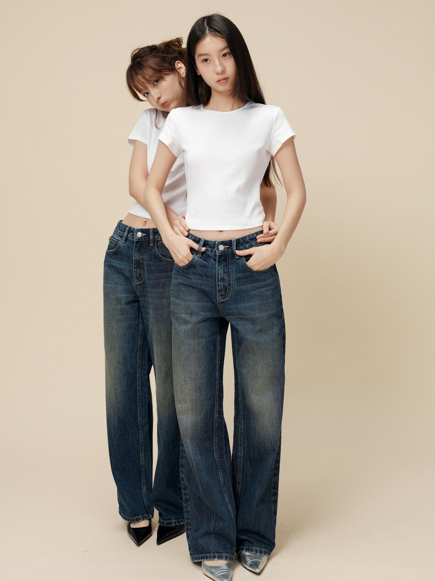 Miroment Vintage Distressed Straight Leg Mid Low Rise Button Fly Women Denim Jeans