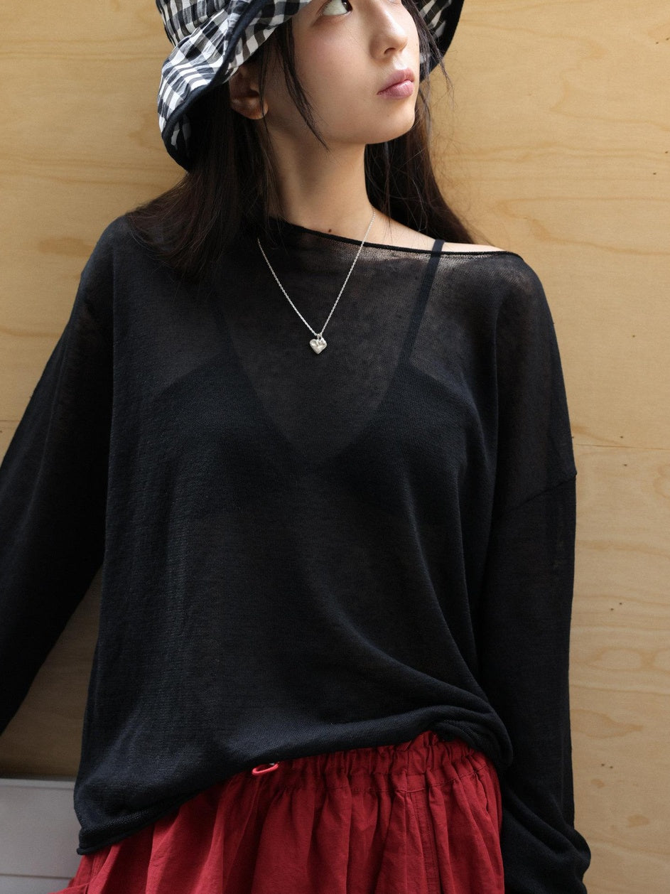 Miroment Linen Blend Colorblock Commuter Relaxed Long Sleeve Crew Neck Sweaters