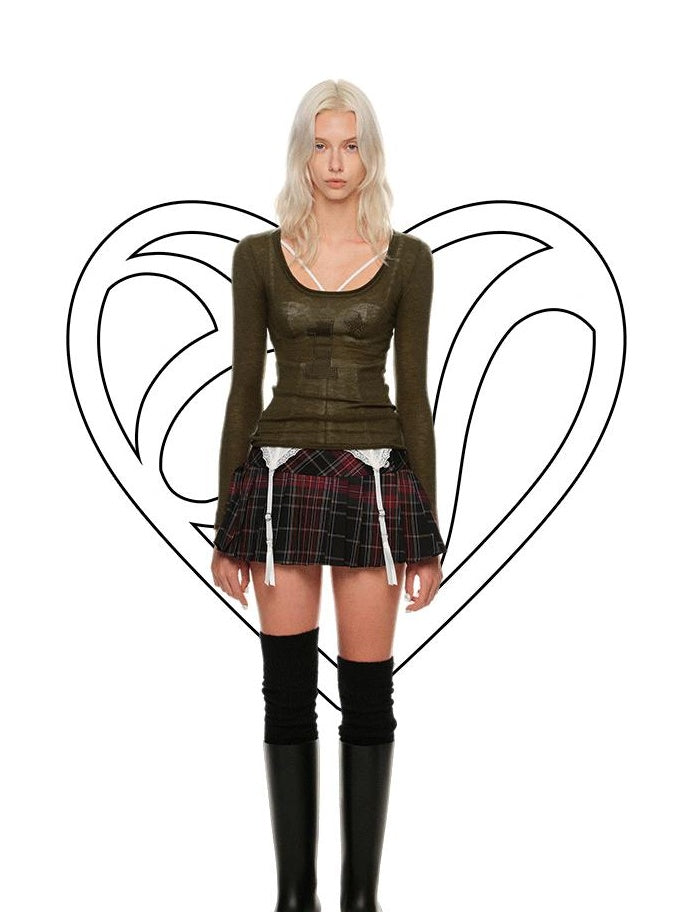 1JINN STUDIO Pleated Knit Low Waist Tie Detail Casual A Line Young Women Plaid Mini Skirts