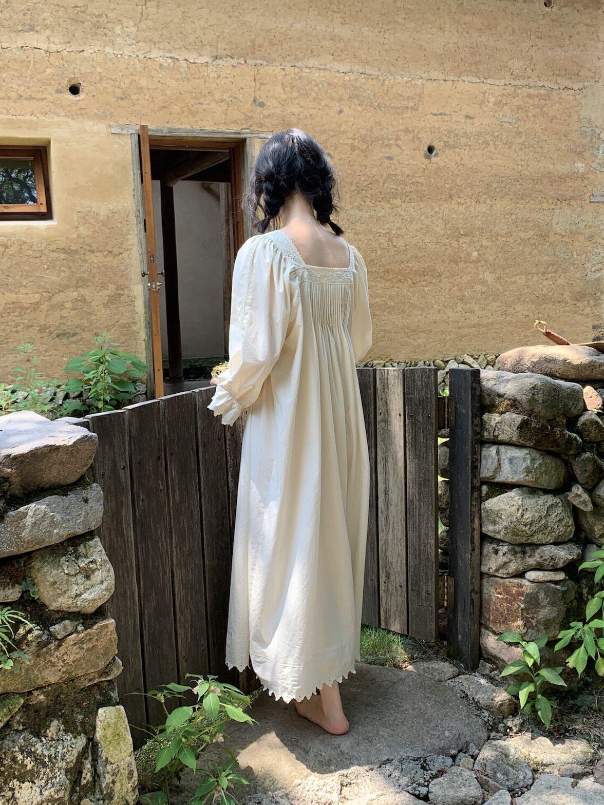 Miroment Organic Cotton Vintage Lace Long Sleeve Japanese Womens Elegant Maxi Dresses