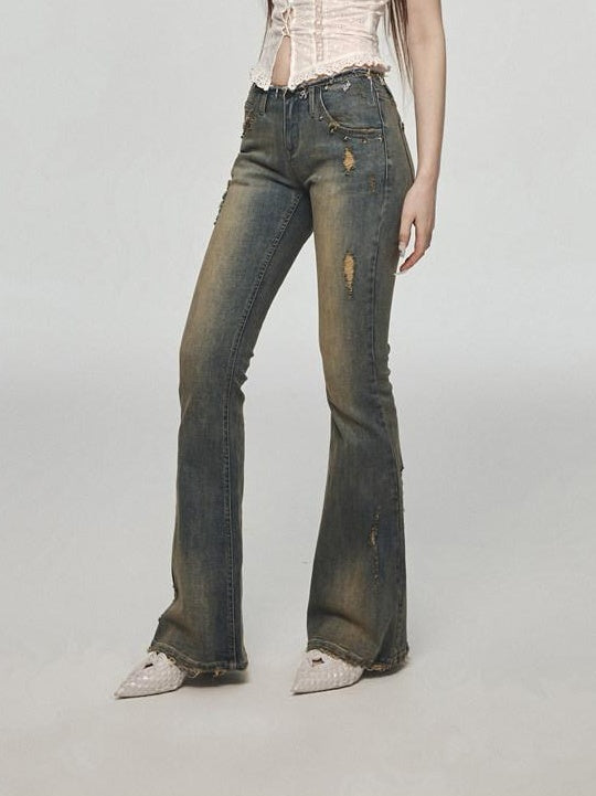 1JINN STUDIO Vintage Distressed Low Rise Slight Flare Blue Women Stretch Straight Leg Jeans