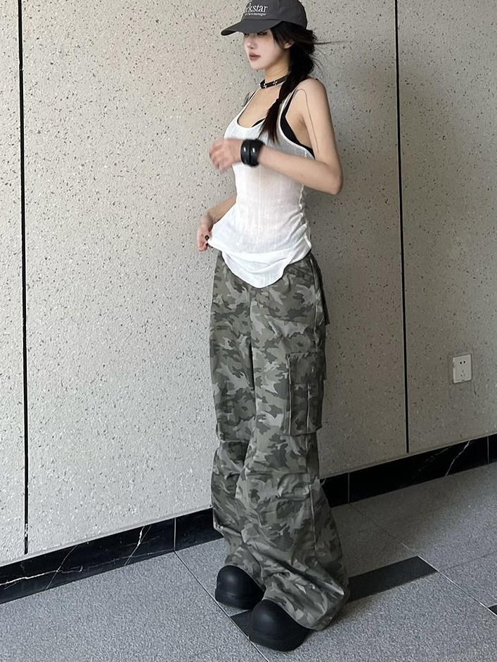 CrushOnit Versatile Camouflage Cargo Natural Waist Stretch Cotton Wide Leg Pants