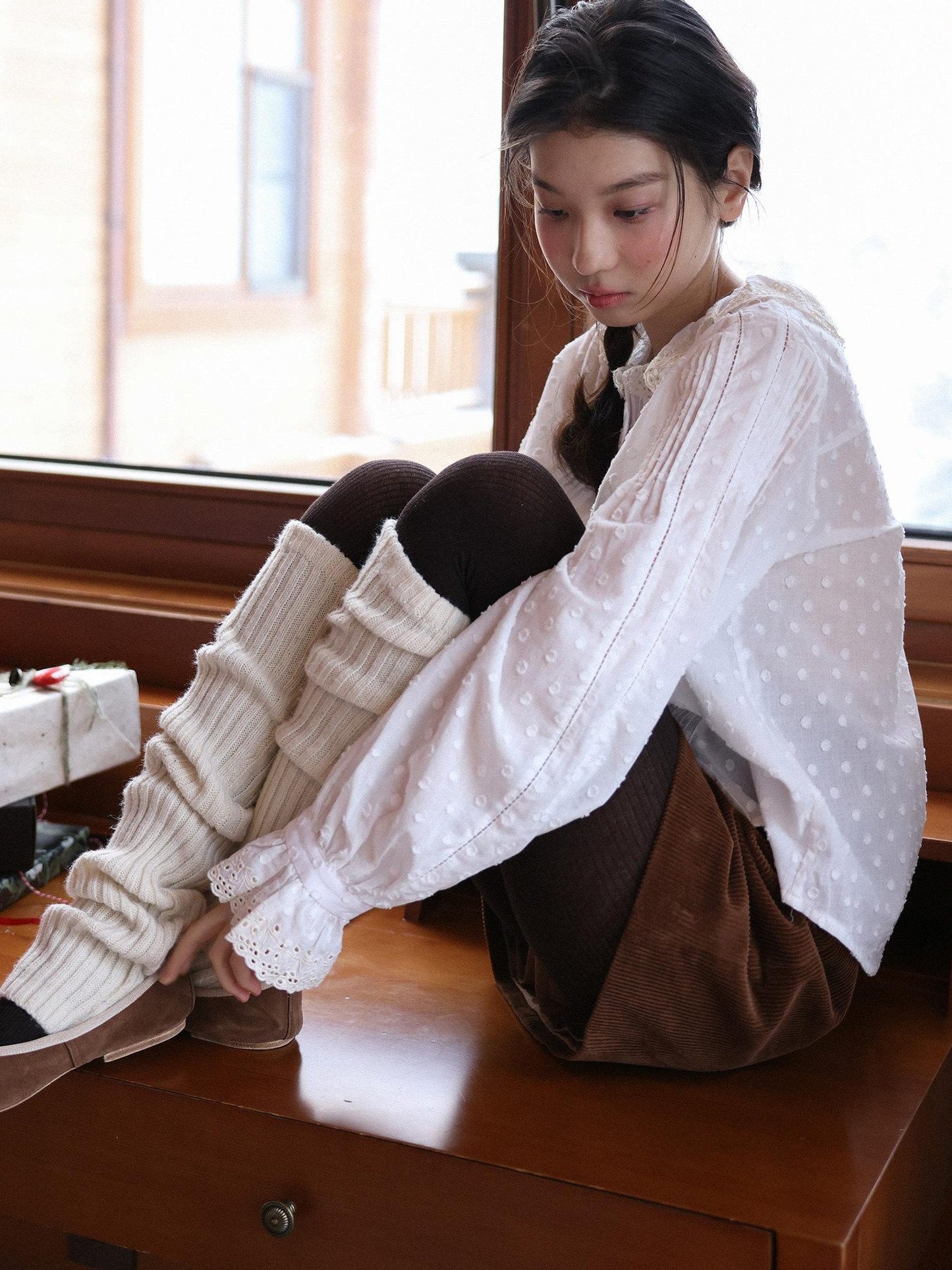 Miroment Breathable Cotton Embroidered Polka Dot Cropped Artsy Women White Shirt