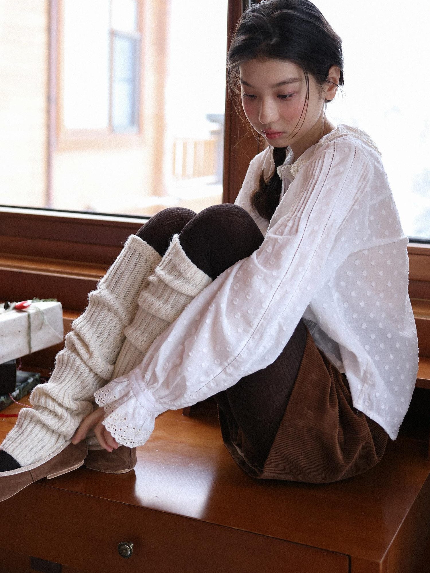 Miroment Breathable Cotton Embroidered Polka Dot Cropped Artsy Women White Shirt