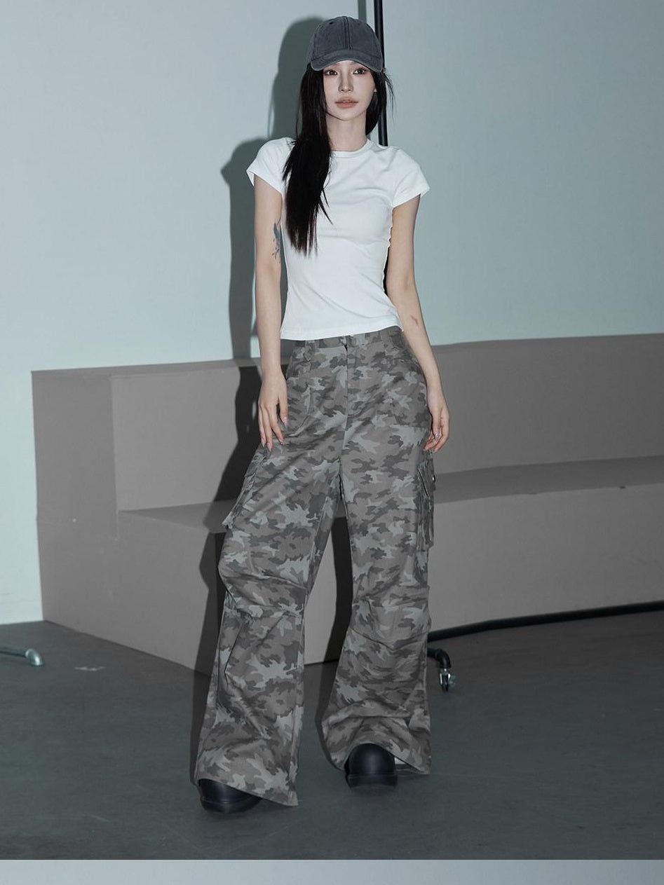 CrushOnit Versatile Camouflage Cargo Natural Waist Stretch Cotton Wide Leg Pants