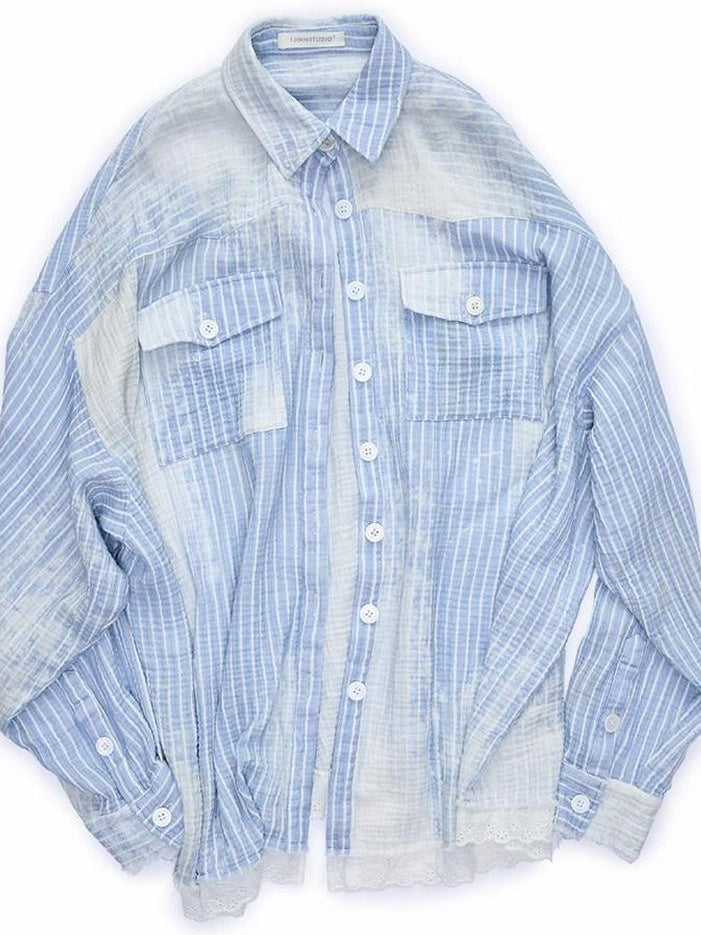 1JINN STUDIO Striped Lace Cotton Three Piece Straight Fit Female Shirt Style Tube Tops