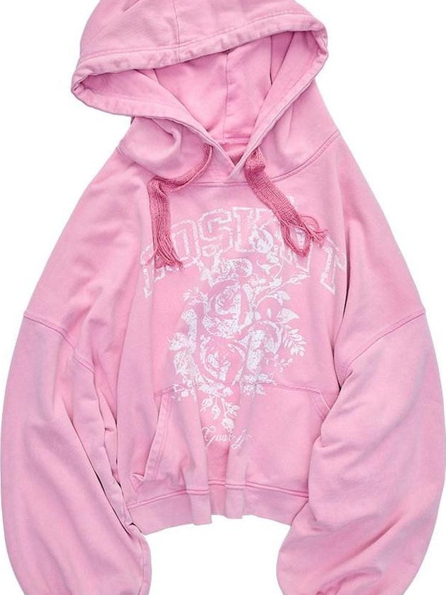 1JINN STUDIO Washed Cotton Rose Print Relaxed Fit Pullover Ruched Sleeves Girls Casual Hoodie