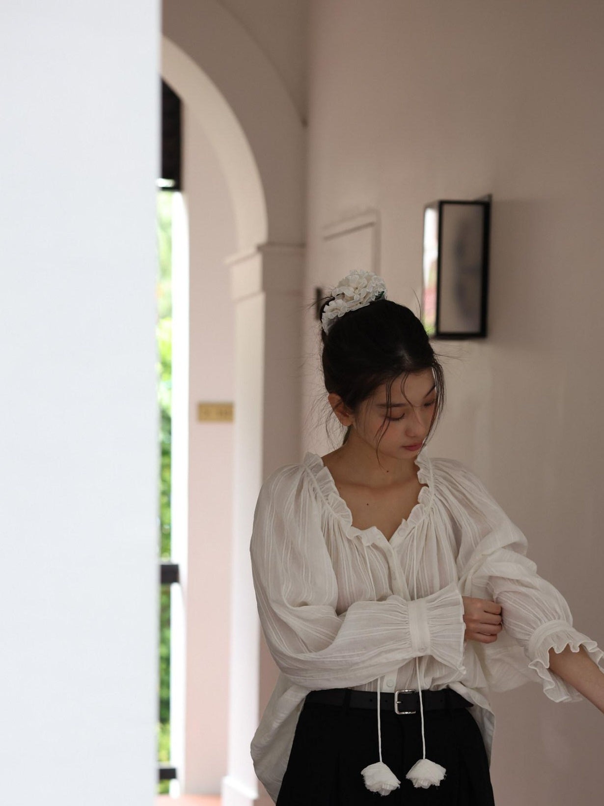 Miroment Breathable Romantic Loose V-neck Balloon Sleeves Women Cotton White Shirt
