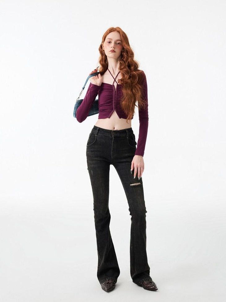1JINN STUDIO Vintage Faded Thick Denim Slim Natural Waist Women Straight Leg Jeans