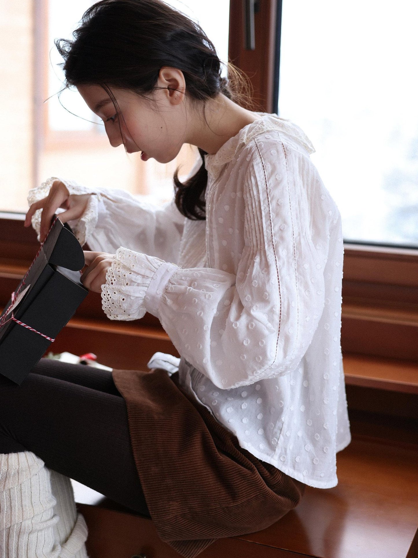Miroment Breathable Cotton Embroidered Polka Dot Cropped Artsy Women White Shirt