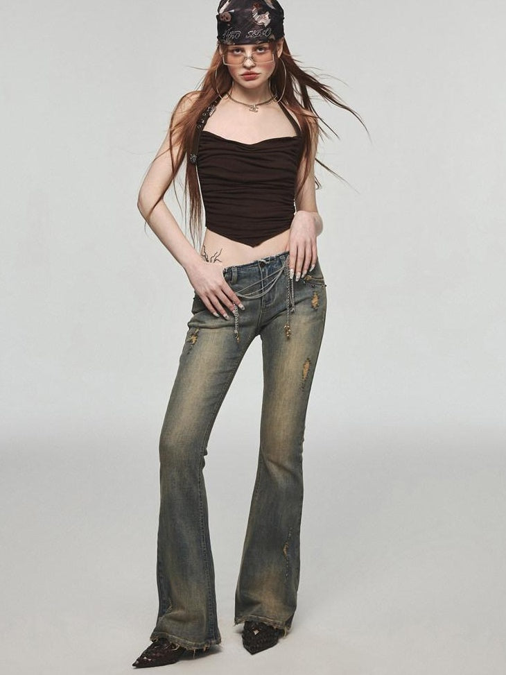 1JINN STUDIO Vintage Distressed Low Rise Slight Flare Blue Women Stretch Straight Leg Jeans