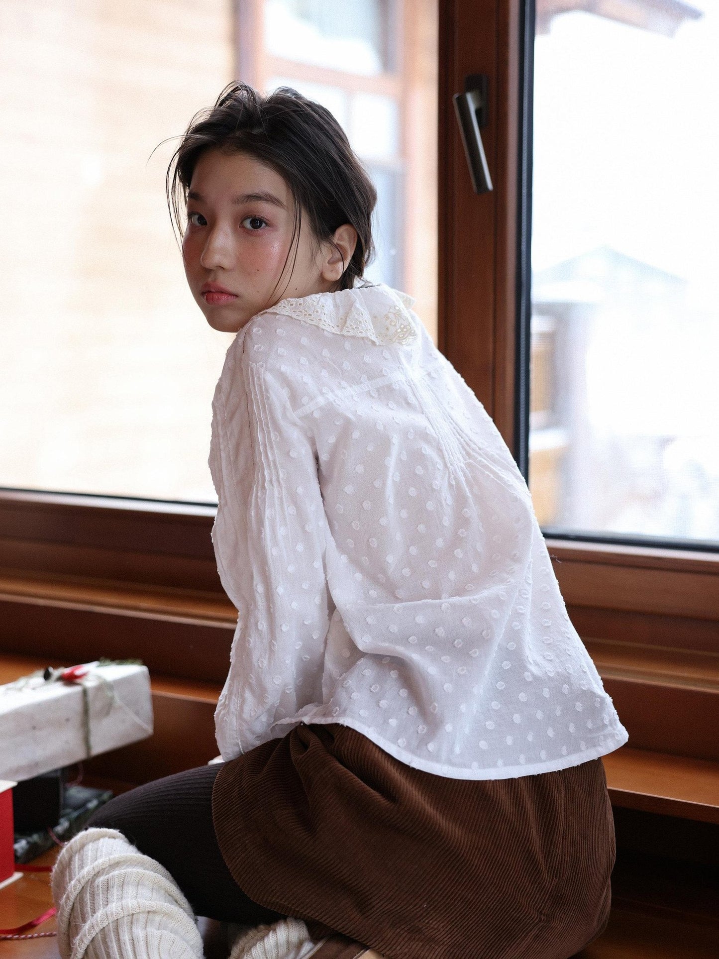 Miroment Breathable Cotton Embroidered Polka Dot Cropped Artsy Women White Shirt