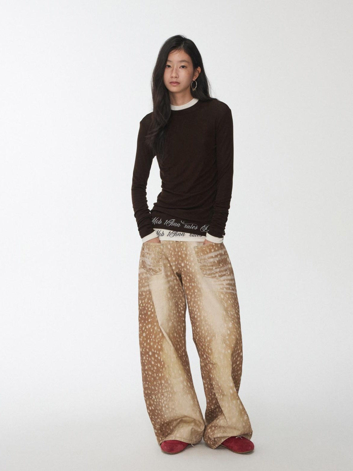 1JINN STUDIO Embroidered Low Waist Vintage Loose Fit For Women Deer Print Wide Leg Pants